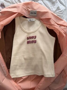 Miu Miu Cream Ribbed Tank Top with Pink Embellished Logo